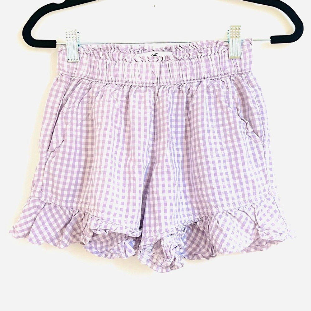 Hollister Purple and white gingham Print Shorts with Ruffle Detail